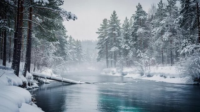 Peaceful winter river landscape with snow covered pine trees and calm water under cloudy sky