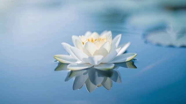 Beautiful white water lily flower floating on calm blue water with natural reflection and soft background
