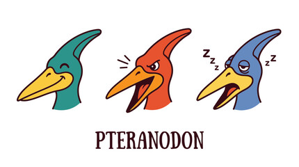 Obraz premium Collection of diverse pteranodon head illustrations showcasing different emotions such as joy, anger, and weariness, perfect for educational content or children's designs