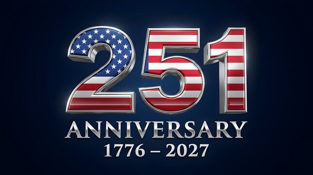 USA 251st Anniversary 3D Text with American Flag Texture, 1776 - 2027 United States Independence Day Celebration Element on Dark Background