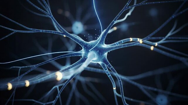 Detailed 3D illustration of glowing human neurons and nerve cells in the brain network