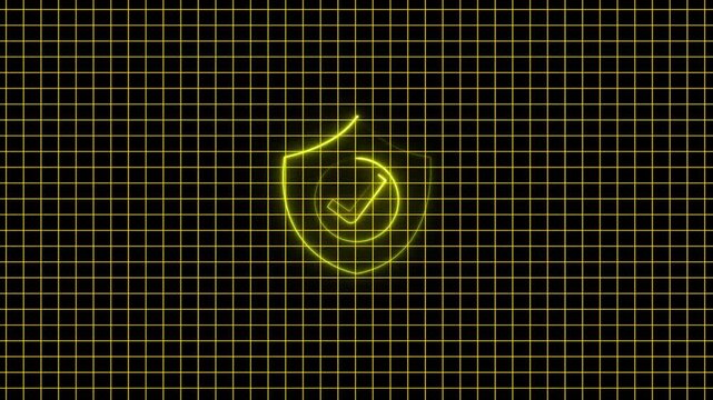 Shield icon glows with a bright yellow neon checkmark symbol centered against a dark geometric grid background which provides a clean minimalist aesthetic perfect for modern digital security.