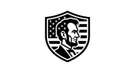 Black and white vector illustration of Abraham Lincoln profile portrait inside a patriotic shield emblem. © Teh