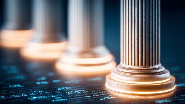 Classical columns standing on financial data, representing institutional strength, banking stability, and economic governance foundations.
