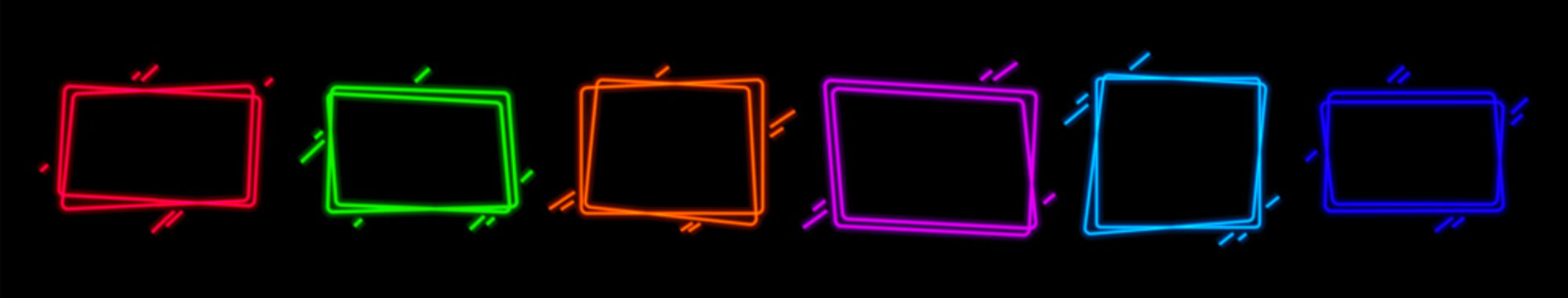 Creative vector set of messy scribble neon rectangle frames with energetic glowing ink splatters on a black background.
