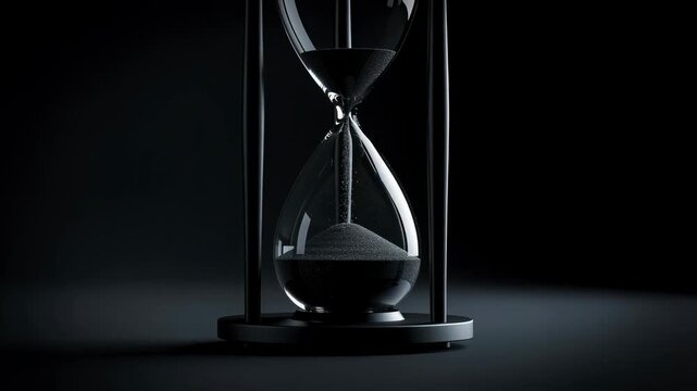 Close up of modern black hourglass with flowing sand in dark minimalistic setting