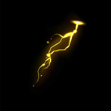 Powerful golden lightning bolt graphic element with electric spark flares isolated on a dark black background.