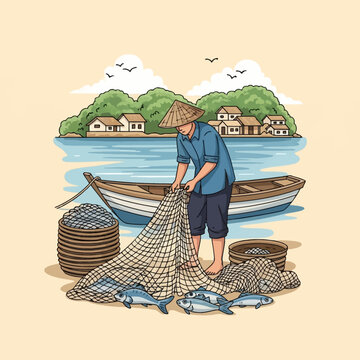 Asian fisherman in conical hat sorting fishing net on beach with fresh fish, wooden boat, coastal village houses, green hills, clouds and sea landscape vector illustration.