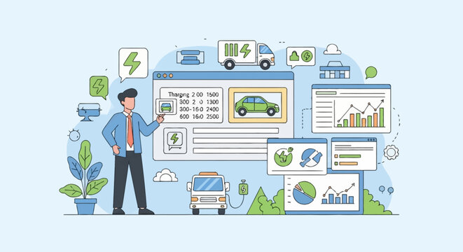 Fleet manager monitoring electric vehicle logistics via digital dashboard with data charts, energy icons, and charging status for electric trucks and fleet management.