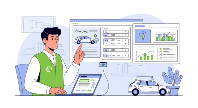 Male fleet manager monitoring electric vehicle charging data on digital dashboards with charts and graphs, using a laptop at his workstation for logistics and energy management.