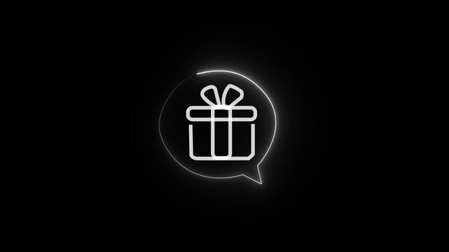 Giftbox icon glowing in a white neon speech bubble appears centered against a deep black background, providing a minimalist graphic element suitable for digital communication or celebratory.