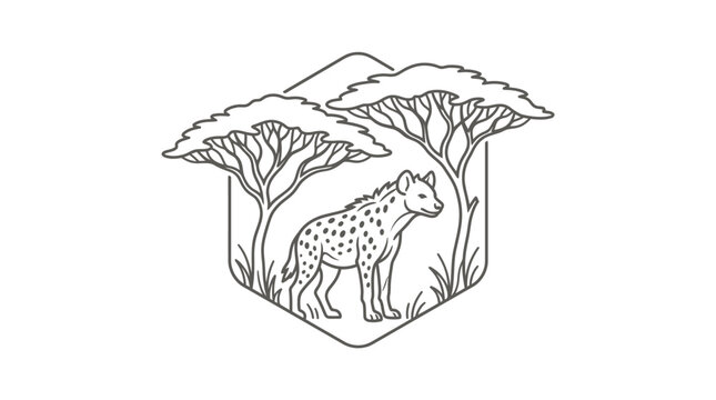Creative Black and White Line Drawing of a Spotted Hyena Standing Under Acacia Trees in a Hexagonal Frame