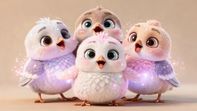 Cute fluffy baby birds with sparkling magic lights adorable cartoon animal characters