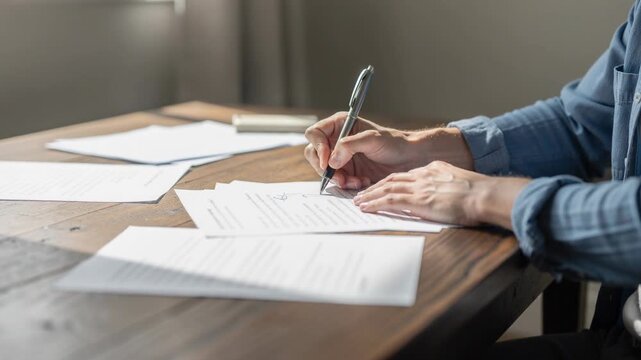 Person signing important legal documents on wooden table with pen and multiple papers
