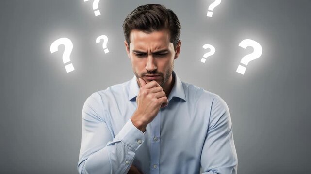 Thoughtful young man with question marks around thinking about difficult decisions and problems