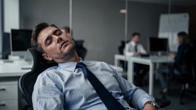 Tired businessman sleeping on chair in modern office during work hours stress fatigue