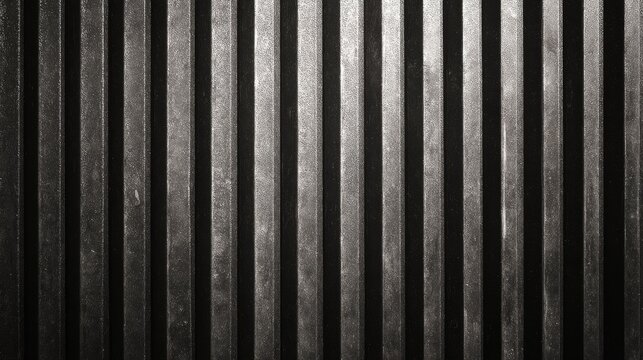 Black metal siding fence with vertical striped texture background, modern industrial steel panel surface, dark architectural cladding pattern, minimal urban construction wall, seamless linear metal de