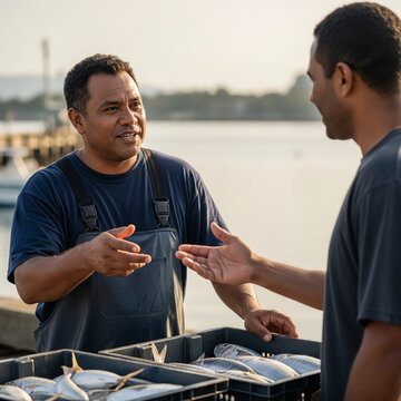 Mature fisherman in waterproof bibs talking to a partner while presenting fresh fish catch in crates at the harbor during sunrise