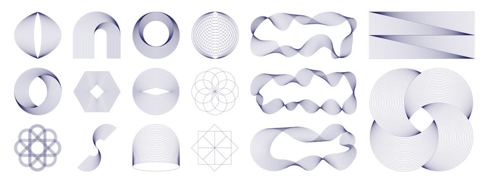 Geometric line art vector elements. Abstract optical shapes, circular patterns, moire waves and modern design collection.