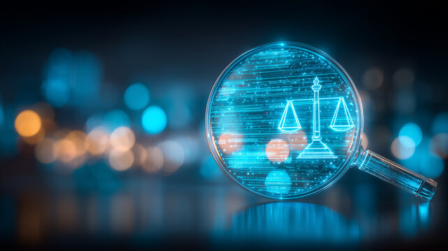 A magnifying glass revealing legal scales on a digital interface, symbolizing legal research, compliance analysis, regulation and technology driven justice.
