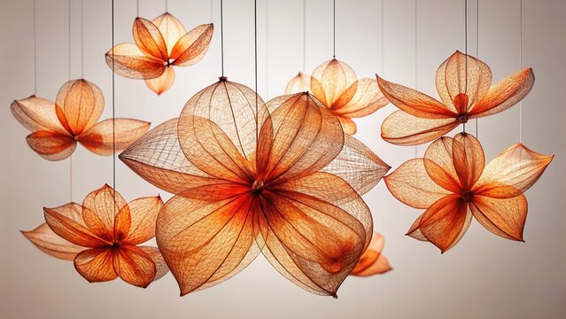Ethereal floral arrangement composed of delicate wire mesh and vibrant burnt orange petals suspended from a central axis