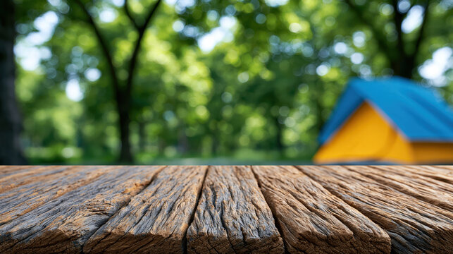 Wooden table camping forest tent outdoor background copy space nature summer campsite