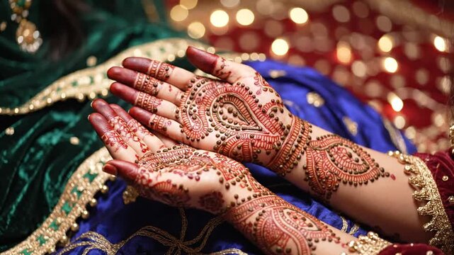 Woman's hands with intricate henna mehndi designs for celebration