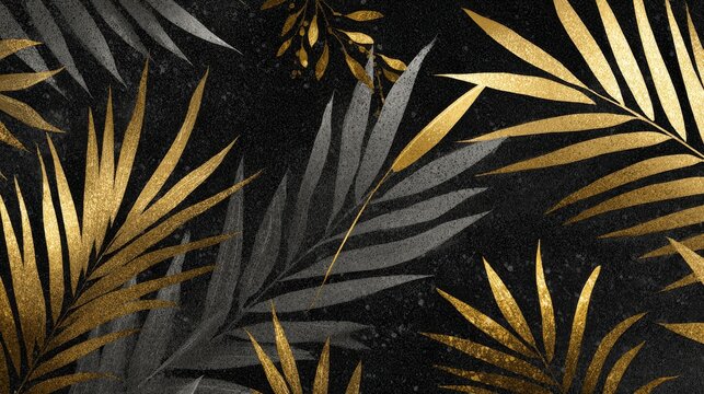 Dark black and gold tropical palm leaves illustration background with elegant botanical foliage, luxury exotic nature design, modern decorative floral pattern, premium black and golden leaf wallpaper 