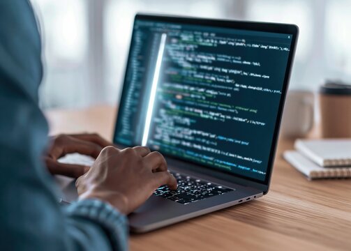 Programmer and developer working on laptop computer with software coding technology