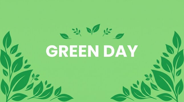 Green Day environmental concept banner, eco friendly leaves background with typography, sustainable nature conservation graphic for social media