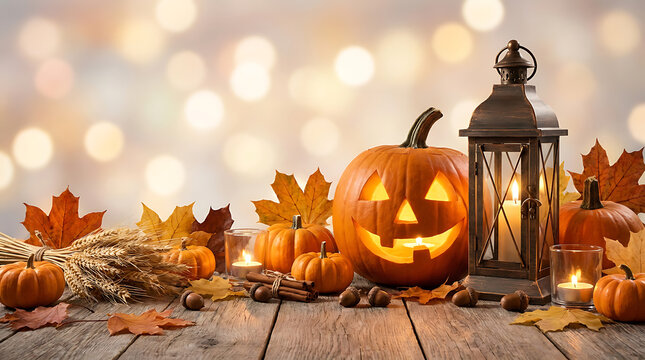Autumnal Halloween scene with jack-o-lantern, Pumpkins, Lantern, And fall leaves on a wooden table with bokeh background