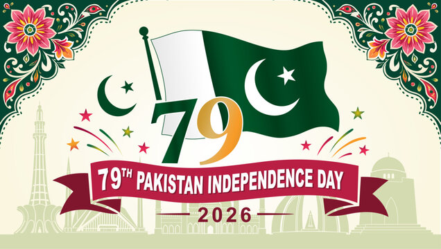79th Pakistan Independence Day 2026 Wide Banner Template. Flat style horizontal celebration layout for Pakistan's 79th Independence Day featuring the national flag, festive fireworks, floral ornament.