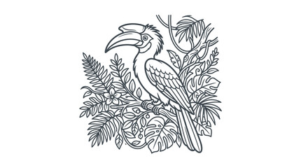 Elegant Black and White Line Drawing of a Hornbill Bird Perched Amidst Floral and Foliage Design © Liya