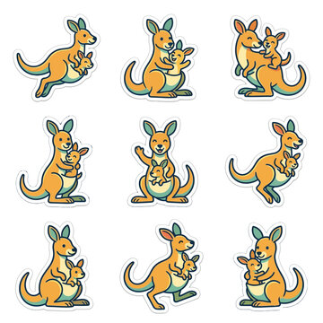 Cute kangaroo and joey cartoon illustrations.