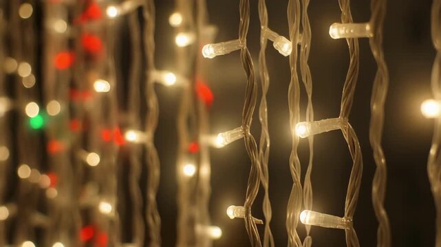 Close-up of Warm White Christmas Lights String Twinkling Gently.