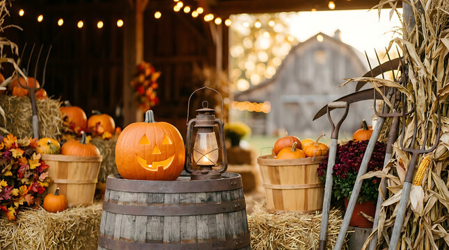 Autumn harvest scene with jack-o-lantern and lantern on barrel outside rustic barn decorated with pumpkins hay and corn stalks for fall festival or Halloween