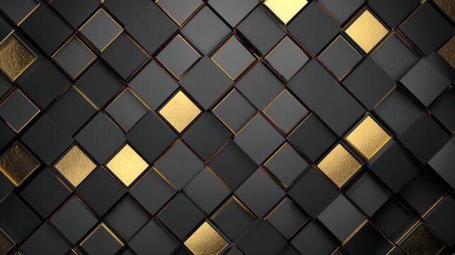 Gold black luxury metal square pattern background with elegant geometric texture, premium dark abstract design, modern metallic grid surface, sophisticated black and gold wallpaper for branding, packa