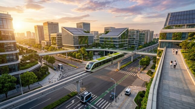 Aerial view of futuristic eco-friendly smart city with solar panel rooftops, green vertical gardens, autonomous electric vehicles and elevated train system under golden sunset sky.