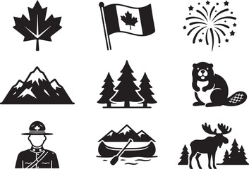Fototapeta premium Canada Symbols Icon Set Featuring Wildlife and Nature Landscapes in Black Silhouette Style