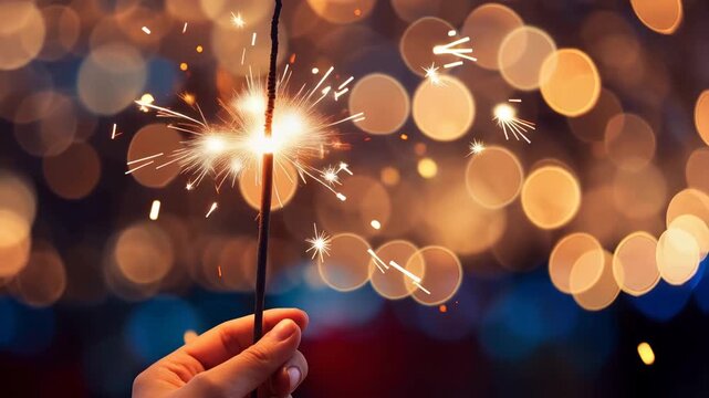 Festive Sparkler Firework Creating Bright Golden Sparks Against a Warm Bokeh Background