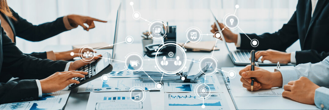 Business intelligence and data analysis concept. Team of analyst working on financial data analysis dashboard on paper as marketing indication for business strategic planning. Insight Amity