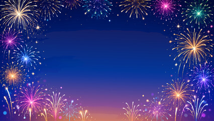 Fototapeta premium 花火が縁取る夜空フレーム背景ベクターイラスト（中央コピースペース）