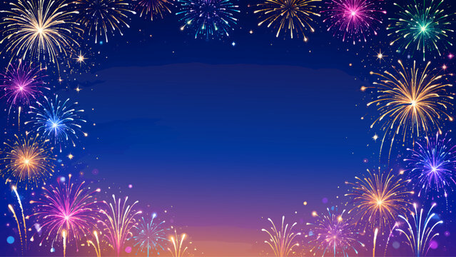 花火が縁取る夜空フレーム背景ベクターイラスト（中央コピースペース）