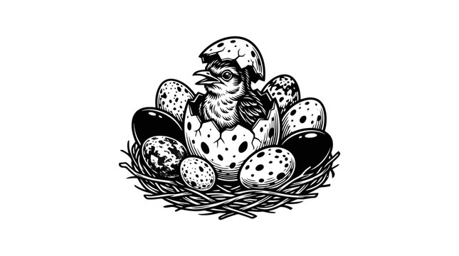 A quail sitting on spotted eggs in nest.