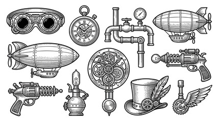 Steampunk Collection: Airships, Goggles, Gears, Top Hat, and Gadgets © Deni