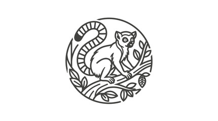 Industrial Style Black and White of Lemur Sitting on Branch with Coiled Snake Inside Circular Border © WATI