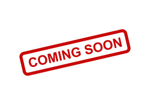 Red coming soon rubber stamp ink seal icon design for announcement and marketing promotion on a simple layout isolated on transparent background