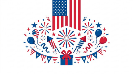 Obraz premium A festive 4th of July illustration featuring classic American Independence Day elements including the United States flag