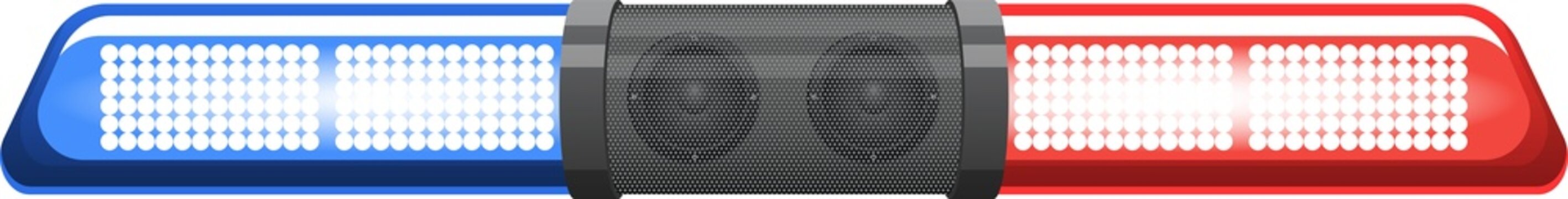 Emergency police light bar with red and blue led lights and siren speakers isolated on transparent background