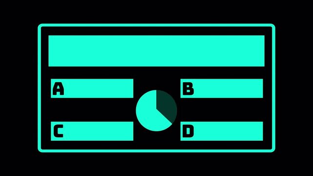 Cyan quiz template with four answer choices and a circular bar appears on black for tests surveys and interactive challenges.